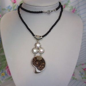 Snail Fossil Pendant Black Bead Necklace